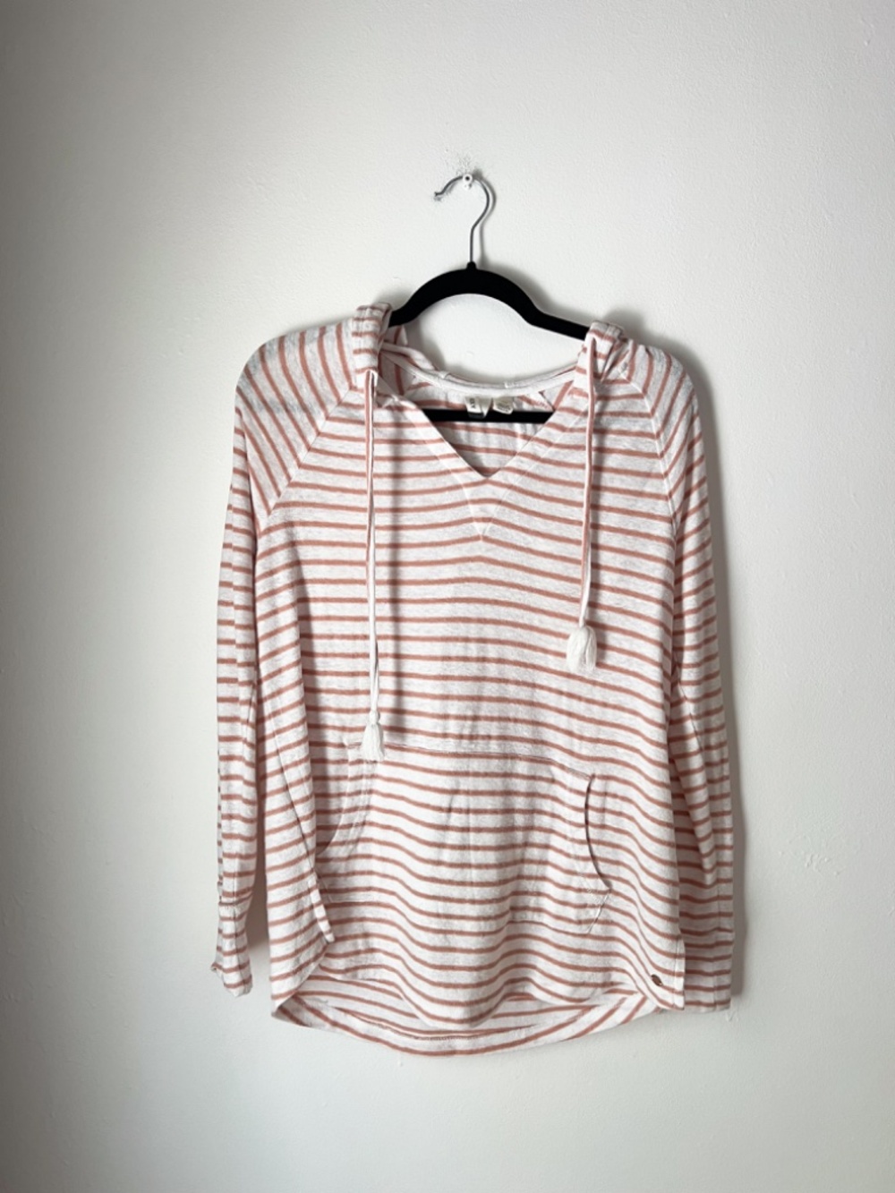 Roxy Striped Hooded Pullover Top Medium Pink White Lightweight Beach Boho Hoodie
